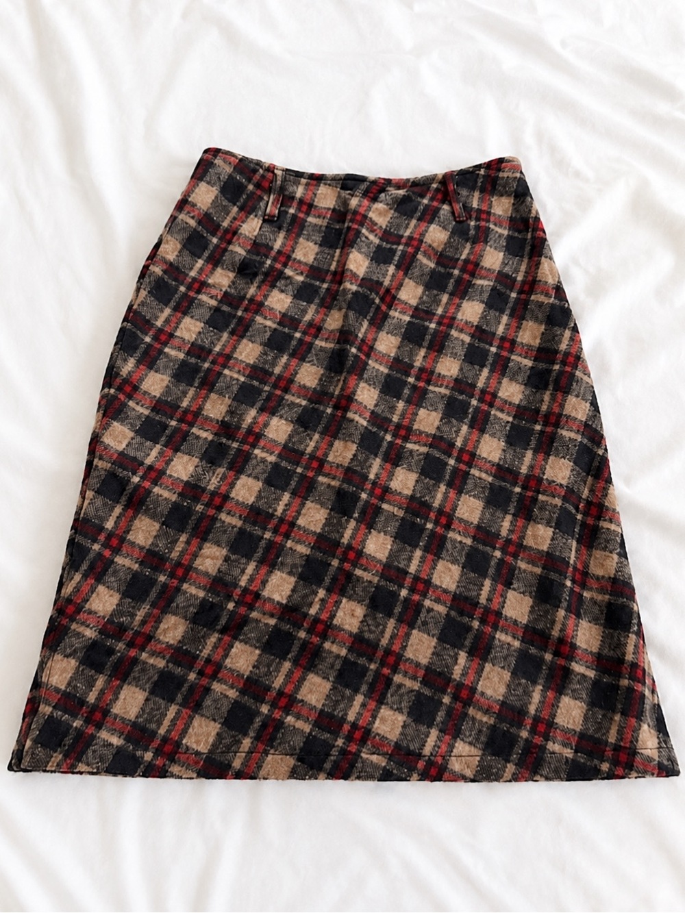 Plaid Pleated Midi Skirt Brown Red Black L - Picture 1 of 2